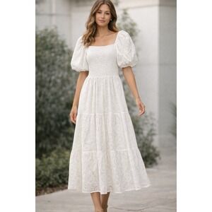 HUFV Dress‎ M White Eyelet Lace Tiered Midi Ruffled Romantic Coastal Cottagecore